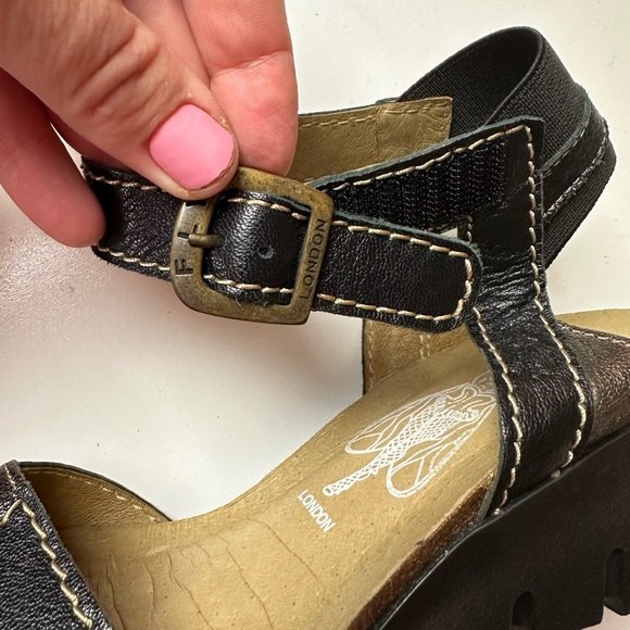 FLY London Imat Leather ColorBlock Metallic/Brown  AnkleStrap Wedge Sandal 7.5-8 - Picture 9 of 16